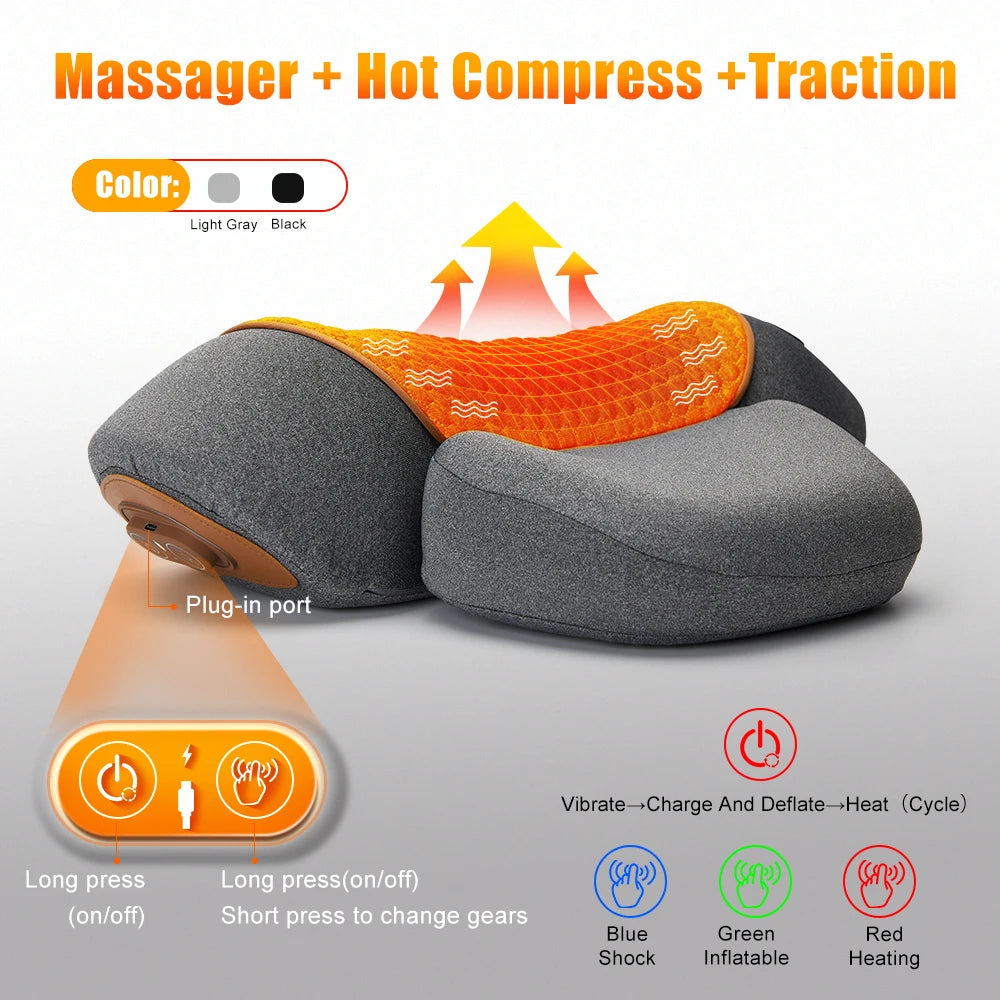 Gray and orange foot massager with hot compress and traction features on a white background