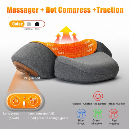 Gray and orange foot massager with hot compress and traction features on a white background